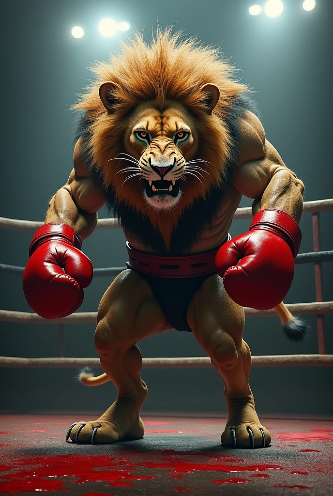 a lion with boxing gloves and blood in the ring
