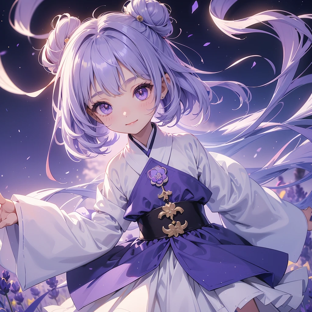 A chibi  girl had a small face and Wearing white little Taoist priest's outfit. A pair of big round eyes shone with curiosity about him. This childso cute, Stroll among the purple lavender fields , There are some floating clouds.

her hair is black with two buns on her hair.small chibi, chibi baby, smil,Chibi.

