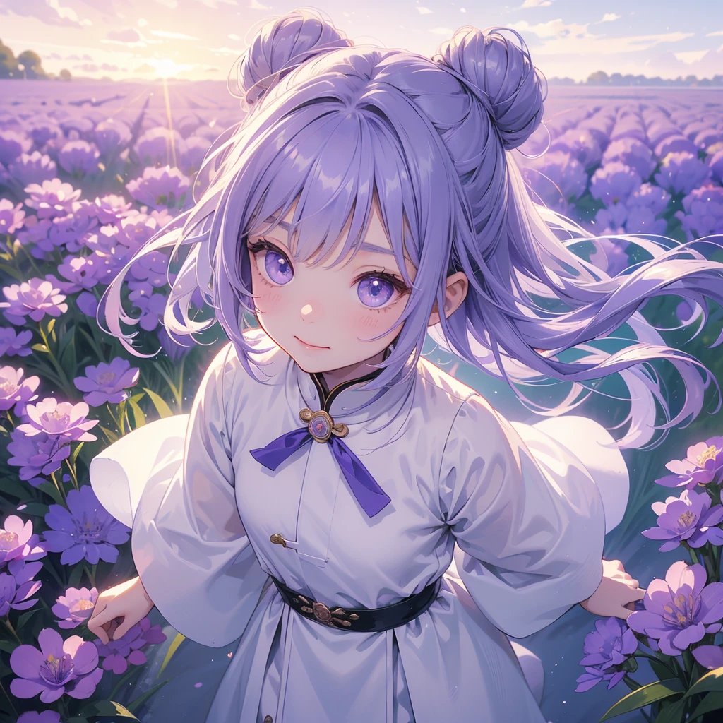 A chibi girl had a small face and Wearing white little Taoist priest's outfit. A pair of big round eyes shone with curiosity about him. This childso cute, Stroll among the purple lavender fields , There are some floating clouds.
her hair is black with two buns on her hair.small chibi, chibi baby, smil,Chibi.