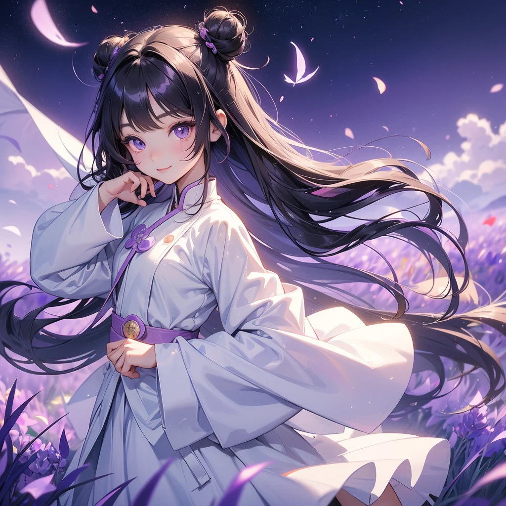 A chibi child girl had a small face and Wearing white little Taoist priest's outfit. A pair of big round eyes shone with curiosity about him. This child was so cute, Stroll among the purple lavender fields , There are some floating clouds.
her hair is black with two buns on her hair.small chibi, chibi baby, smiling ,Chibi.