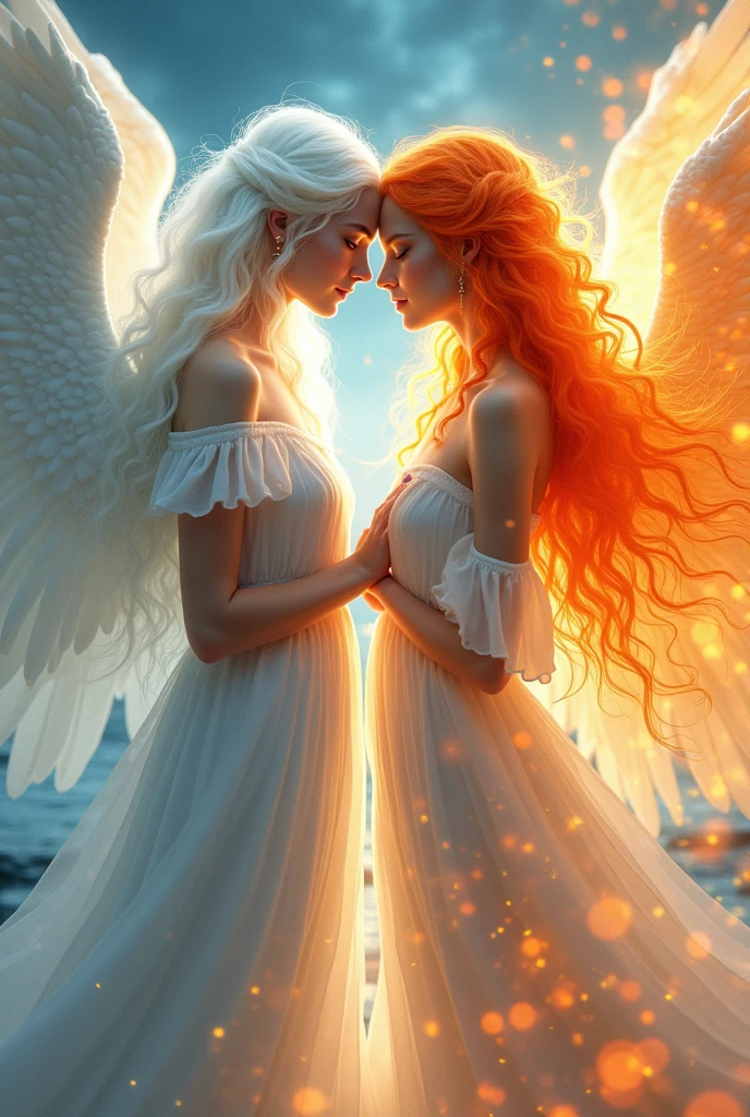 White haired female angel with water drops flying around her, she holds the hand of a female angel with red hair flames fly around her 