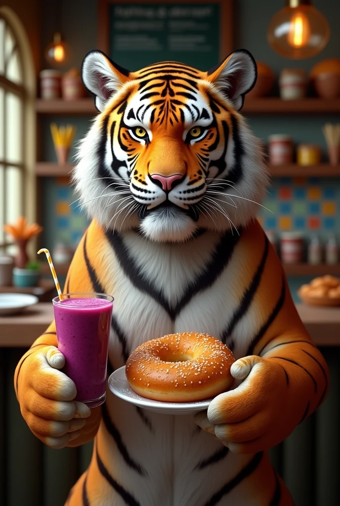 a tiger holding a coxinha in one hand and a glass of açaí in the other hand and in the background a snack bar
