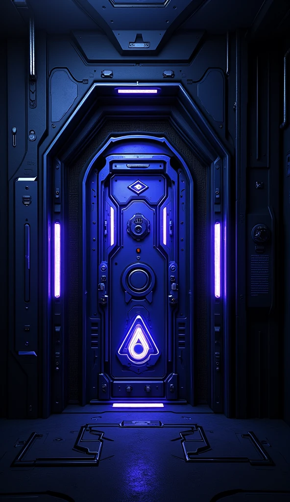 Imagine a futuristic door located in an environment reminiscent of a spaceship or an alien base. The door should be tall and narrow with a slightly pointed arch at the top, featuring a robust design with multiple metallic sections and reinforcements indicating a strong construction for high security or to withstand extreme environments. The predominant color of the door and the surroundings is a vibrant neon blue, illuminating the edges and contours of the door, creating an impressive visual effect that suggests advanced technology.
Incorporate blue lighting emanating from the floor and the edges of the door, illuminating the dark environment around it. Add alien symbols on the door itself, including a symbol resembling a triangle with a circle on top, positioned on the lower central part of the door. The overall style should be highly detailed and ultra-realistic, emphasizing an aesthetic of advanced technology.