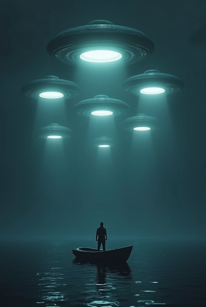 Theme: Very creepy and mysterious.
Scene: Six doughnut-shaped, reflective objects hover 500 meters above Tony's boat.
Setting: The sky is dark, with the UFOs illuminated by an unnatural, cold light, casting eerie reflections on the water.
Goal: To evoke fear and curiosity, highlighting the sudden and unexplained appearance of the strange objects.