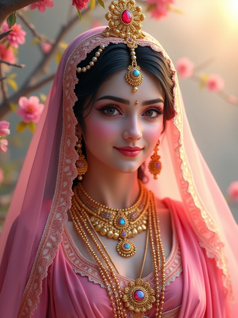 Radha mata Ji ka image unke kapde pink color Ke Hain Jewellers golden muskurate Hue padi hai full image quality 4K 8k mid journey