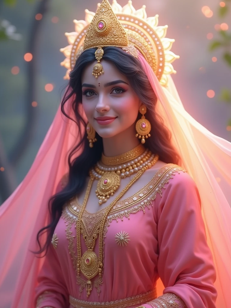 Radha mata Ji ka image unke kapde pink color Ke Hain Jewellers golden muskurate Hue padi hai full image quality 4K 8k mid journey