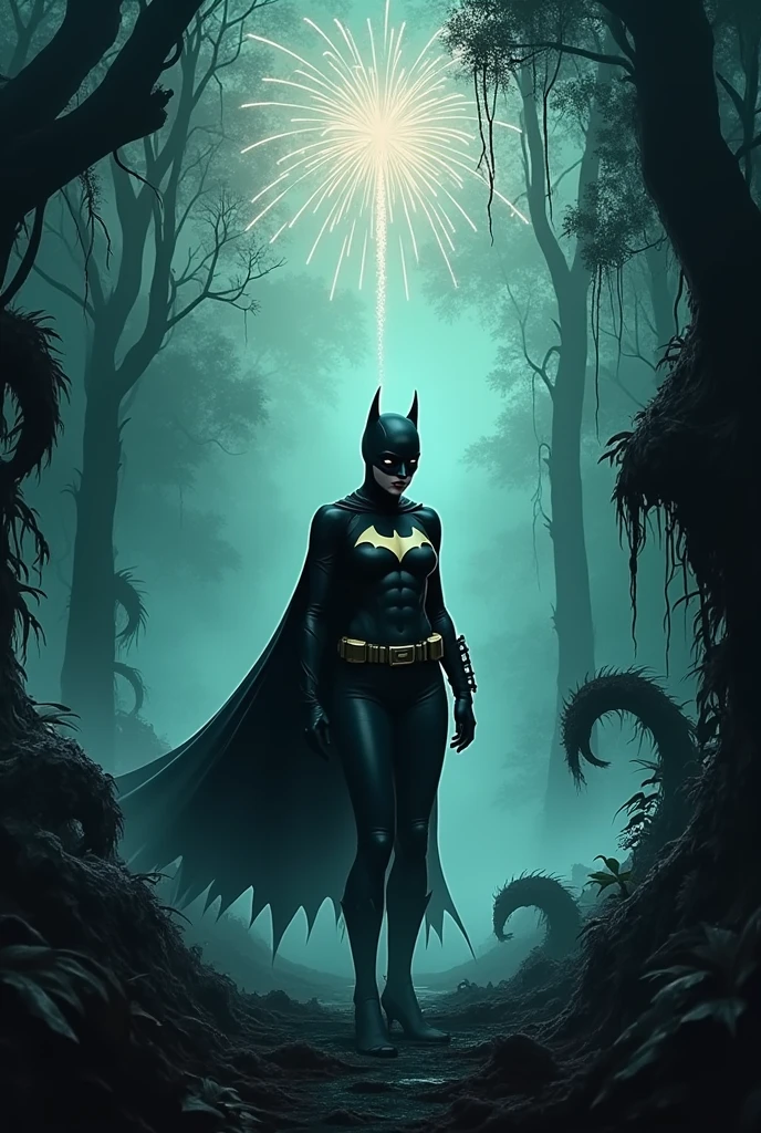 Fireworks background, Batgirl, full body, horror, inside, distorted, sky, fog, In that, dust, dark jungle, shadowy creatures, Junji Ito, masterpiece, ultra high resolution, high quality, cinematic lighting,