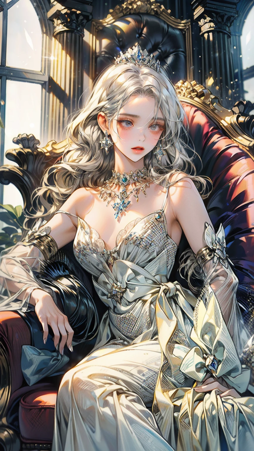 ((best quality)), ((masterpiece)), ((Romance Fantasy)), ((illustration)), (detailed), (clear), (Perfect), 1 woman, mature, chic, expressionless, Long silver hair, Missing bangs, sharp eyes, gray eyes, abundant eyelashes, Deep double eyelids, pretty lips, big bust, small waist, white dress, Diamond necklace, diamond tiara, Graceful posture, Sitting on a fancy chair