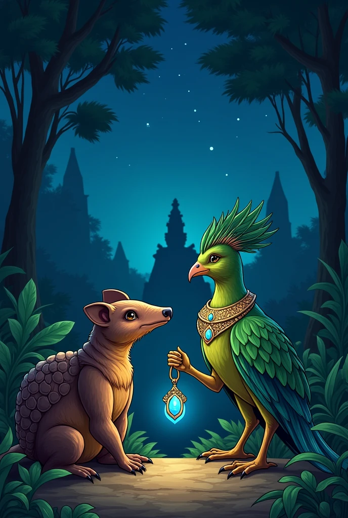 Create a nocturnal scene in a rich setting where there is a small brown armadillo and a green quetzal which holds in its paws a necklace with a bright blue stone., while they look at the sky and there is the god E'eekat