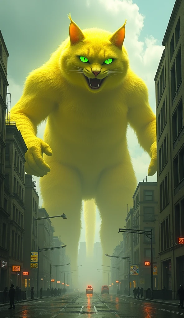 LemonFather Appears**: A massive, lemon-shaped creature with cat features and glowing yellow fur appears above the city, towering over buildings, with glowing green eyes filled with fury.