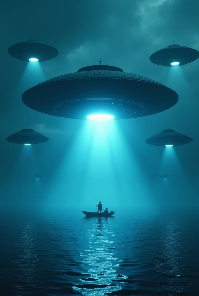 Theme: Very creepy and mysterious.
Scene: The central craft begins to descend slowly towards Tony's boat, surrounded by five other UFOs.
Setting: The bluish light intensifies as the craft gets closer, creating deep shadows and a suffocating atmosphere.
Goal: To amplify the tension, making viewers feel the imminent danger and mystery surrounding the descending craft.