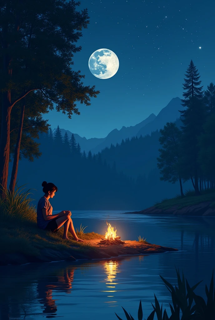 My friend sitting at Bank of river during night