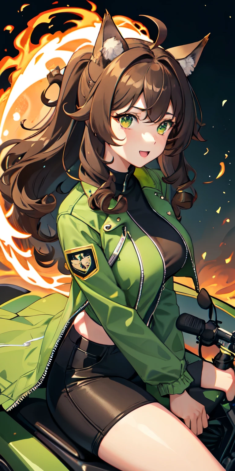 1 person,woman,Wolf Cut,Hind hair,Long ponytail,((Brown Hair)),((Brown ahoge)),((brown curly hair)),((Green flame)), Vortex of flames,wallpaper, Wind景,Depth of written boundary, night, Particles of light, light, Side light, Thighs,****, cloud,Gaze, Large Breasts, Green Eyes, Horse ears, Bright smile,Open your mouth,Wind,((Ride a big green motorcycle)),((vehicle)),((Driving)),((Straddle)),((Riders jacket)),((Riders pants)),