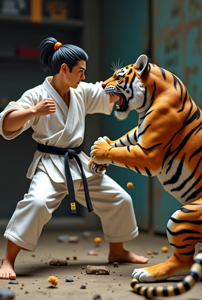 A detailed scene depicting a karate fighter battling a tiger in a stylized model kit form. The karate fighter is wearing a traditional white gi with a black belt, striking a powerful martial arts pose. The tiger is mid-attack, muscles tensed and claws extended, capturing a dynamic moment of combat. The background resembles a plastic model kit with visible connectors, small parts, and assembly instructions scattered around. The scene should have a dramatic and intense atmosphere, emphasizing action and movement, with fine details that mimic the appearance of miniature model kits.
