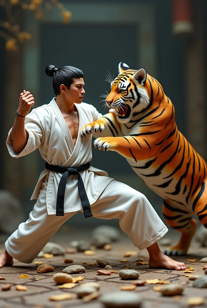 A detailed scene depicting a karate fighter battling a tiger in a stylized model kit form. The karate fighter is wearing a traditional white gi with a black belt, striking a powerful martial arts pose. The tiger is mid-attack, muscles tensed and claws extended, capturing a dynamic moment of combat. The background resembles a plastic model kit with visible connectors, small parts, and assembly instructions scattered around. The scene should have a dramatic and intense atmosphere, emphasizing action and movement, with fine details that mimic the appearance of miniature model kits.