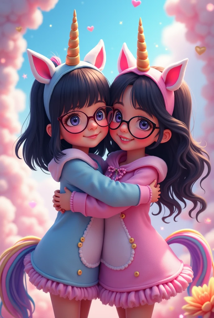 Make two girls hugging each other one with straight black hair and wearing glasses and the other with long curly black hair also wearing glasses,both in unicorn outfits