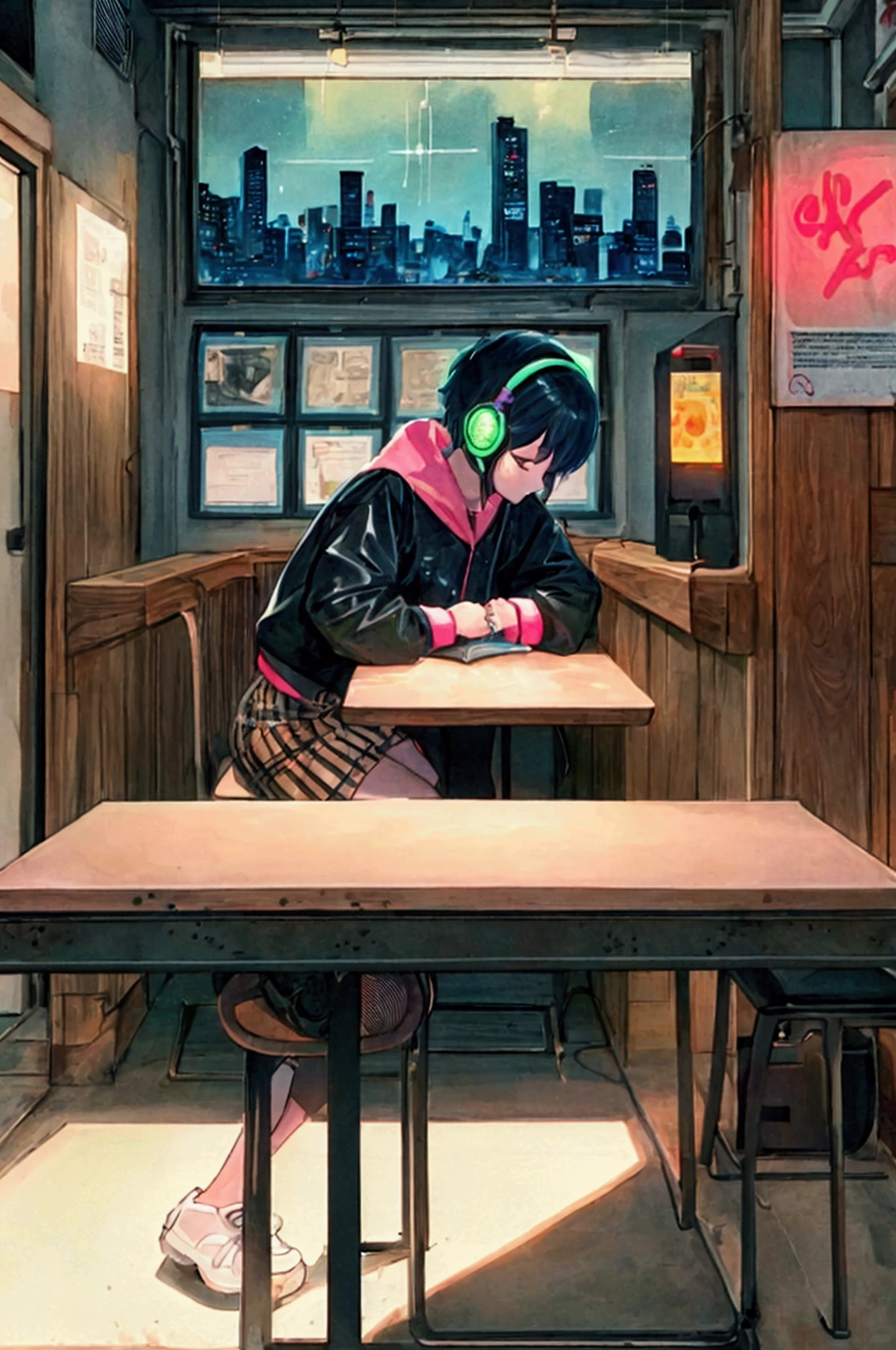 (praise), Girl studying at the table, Boyish short hair, Reading a book, Put on your headphones,  Night Light, Neon scenery on a rainy day,Analog Color Theme, Lo-fi hip hop , review, flat, 2.5D ,Line art, Ink painting, Large slope, Watercolor, Gouache color, Studio Ghibli Style, Great colorful, amount of sales, Synthwave, praise art,90s Style,Old Texture, amplitude,90s vibe, Tabletop, Great skills