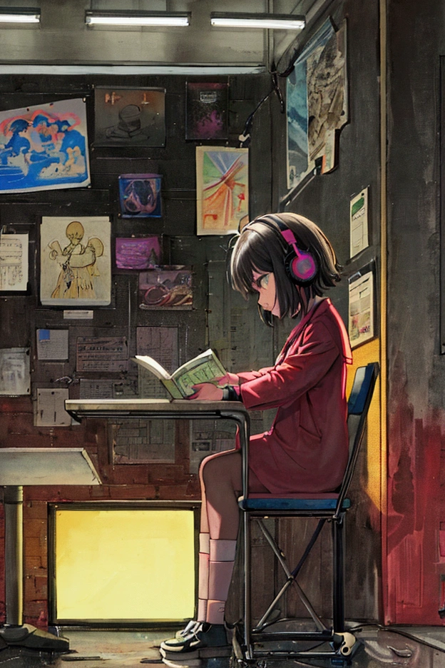 (praise), Girl studying at the table, Boyish short hair, Reading a book, Put on your headphones,  Night Light, Neon scenery on a rainy day,Analog Color Theme, Lo-fi hip hop , review, flat, 2.5D ,Line art, Ink painting, Large slope, Watercolor, Gouache color, Studio Ghibli Style, Great colorful, amount of sales, Synthwave, praise art,90s Style,Old Texture, amplitude,90s vibe, Tabletop, Great skills