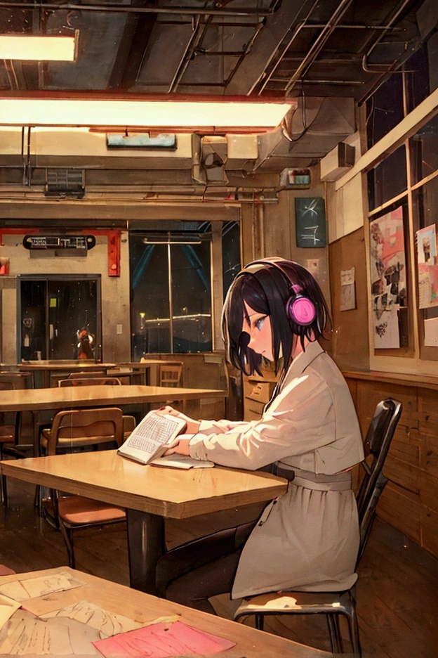 (praise), Girl studying at the table, Boyish short hair, Reading a book, Put on your headphones,  Night Light, Neon scenery on a rainy day,Analog Color Theme, Lo-fi hip hop , review, flat, 2.5D ,Line art, Ink painting, Large slope, Watercolor, Gouache color, Studio Ghibli Style, Great colorful, amount of sales, Synthwave, praise art,90s Style,Old Texture, amplitude,90s vibe, Tabletop, Great skills