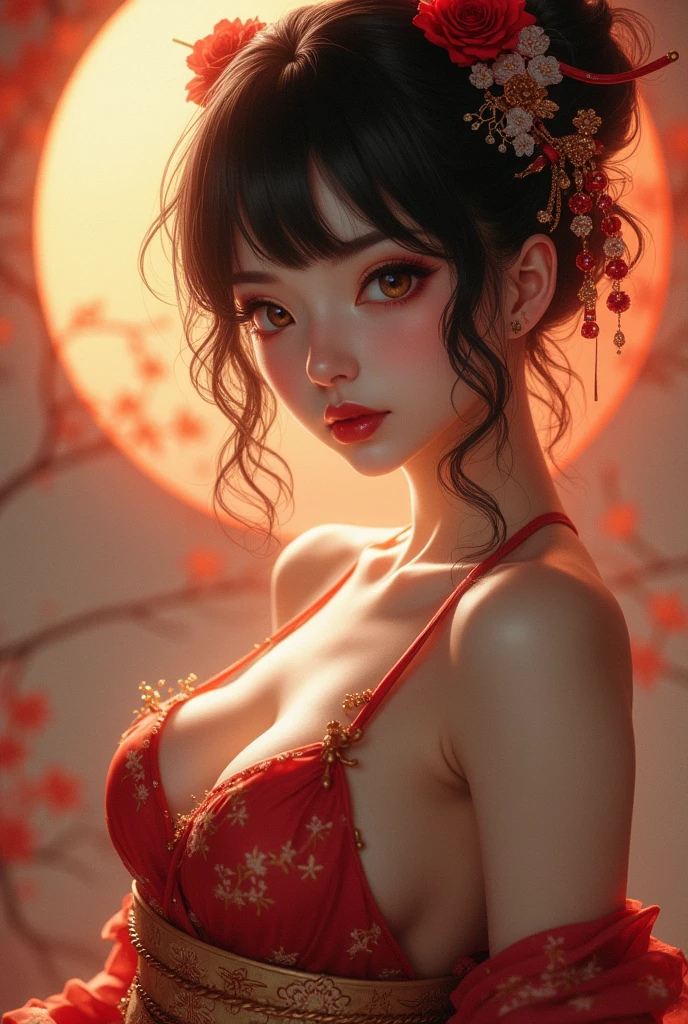 an image of a girl with Japanese art features with big breasts and sensuality, very sexy naked