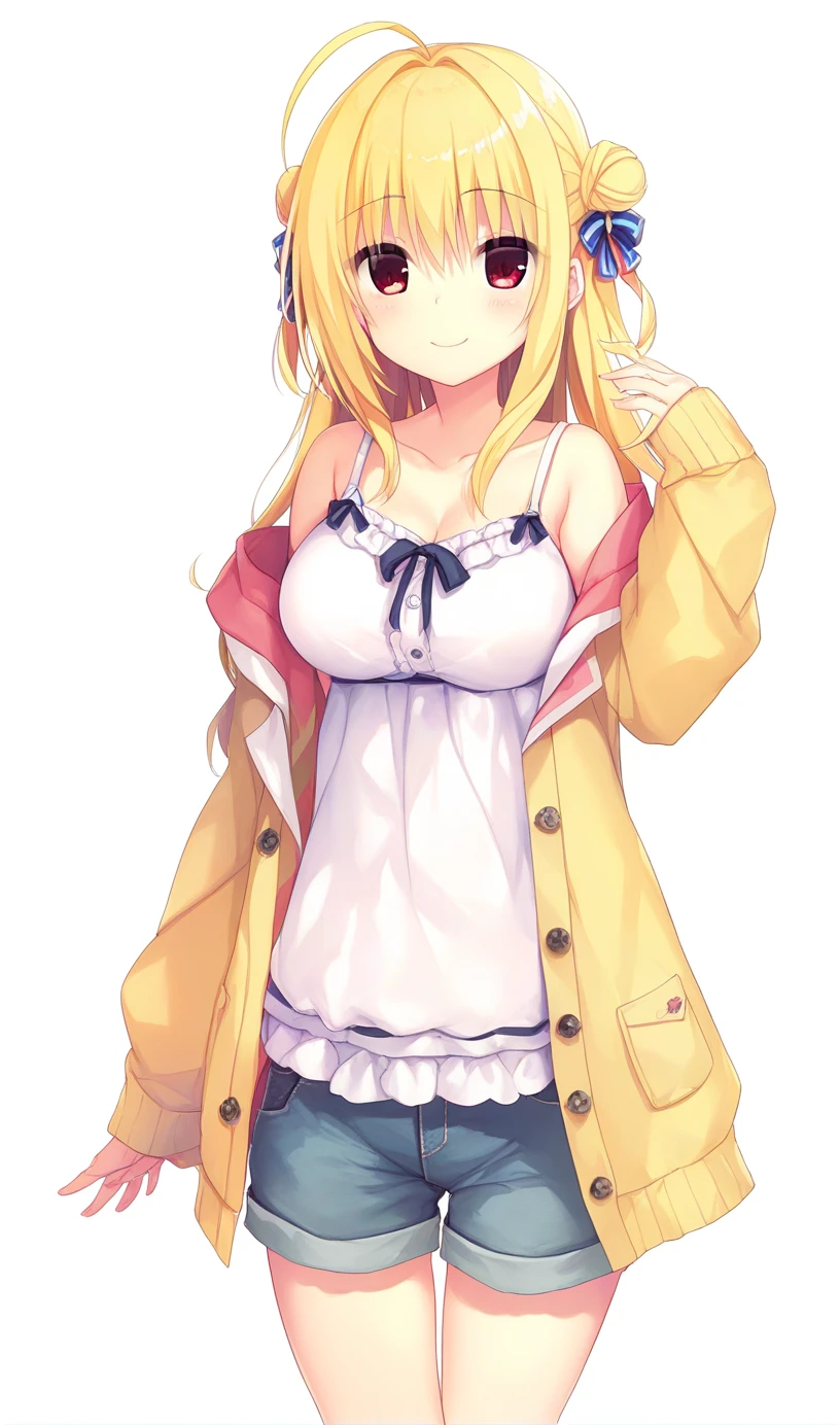 1girl,hiyori-default,red eyes,blonde hair, double bun,ahoge,camisole, white camisole,cardigan, yellow cardigan, shorts, denim shorts, smiling, standing, hand up, Character portrait、One person、White background