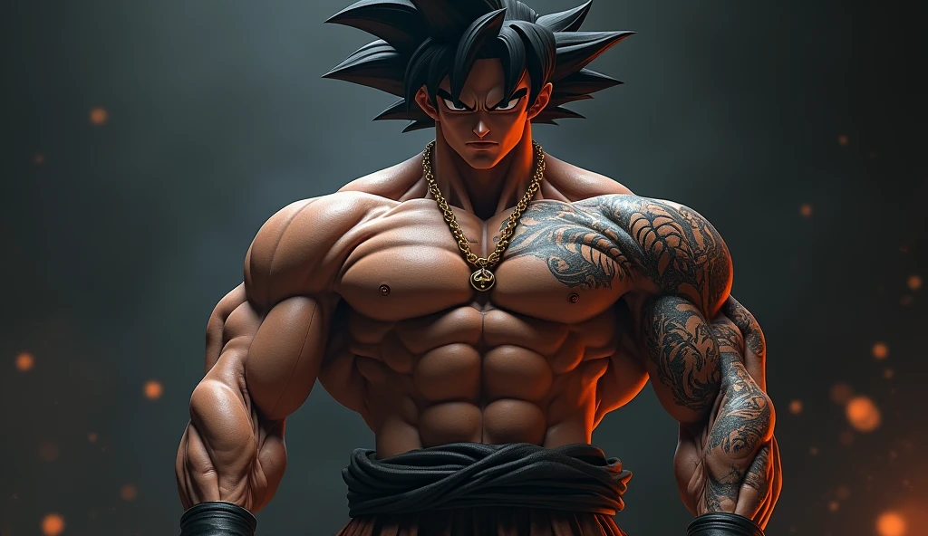 Goku black shirtless with his left arm tattooed and a gold chain around his neck