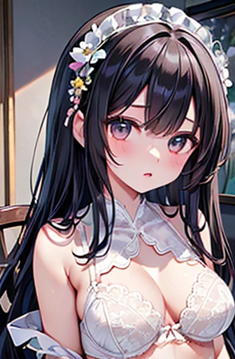 ((Highest quality)),(超High resolution),(Very detailed),(Detailed Description),((The best CG)),(A masterpiece of art),Ultra-detailed art,Amazing painting art,(Art with precise detail:1.5), Portraiture:1.6,Bust Shot:1.4,(1 female:1.5),Beautiful and well-proportioned face:1.5,(White lace bra with flowers on the chest:1.5)、 Japanese、girl,thin、Small face、Brown eyes、expensive、 High resolution,Black Hair、Long Hair、classroom、White long skirt、、Sitting at a desk、mature,Three white eyes