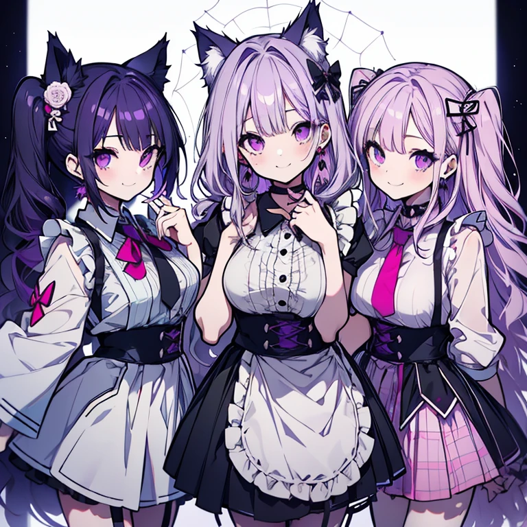1 girl、Mature、Ample breasts、Long Hair、Twin tails、Curly Hair、pale purple hair、maid、maid服、Miniskirt、garter、spiderwebのストッキング、choker、Earrings、spiderweb、smile、spiderwebのストッキング、Cat ear、High resolution、Highest quality