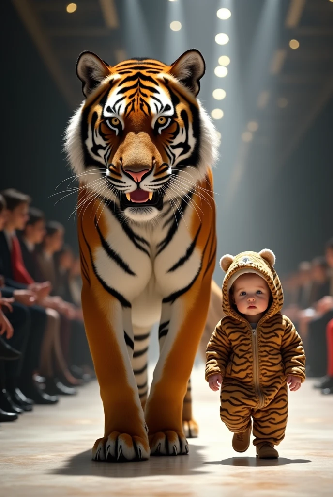 Tiger walks in a real fashion show. Newborn baby wearing a tiger coat like in real life.