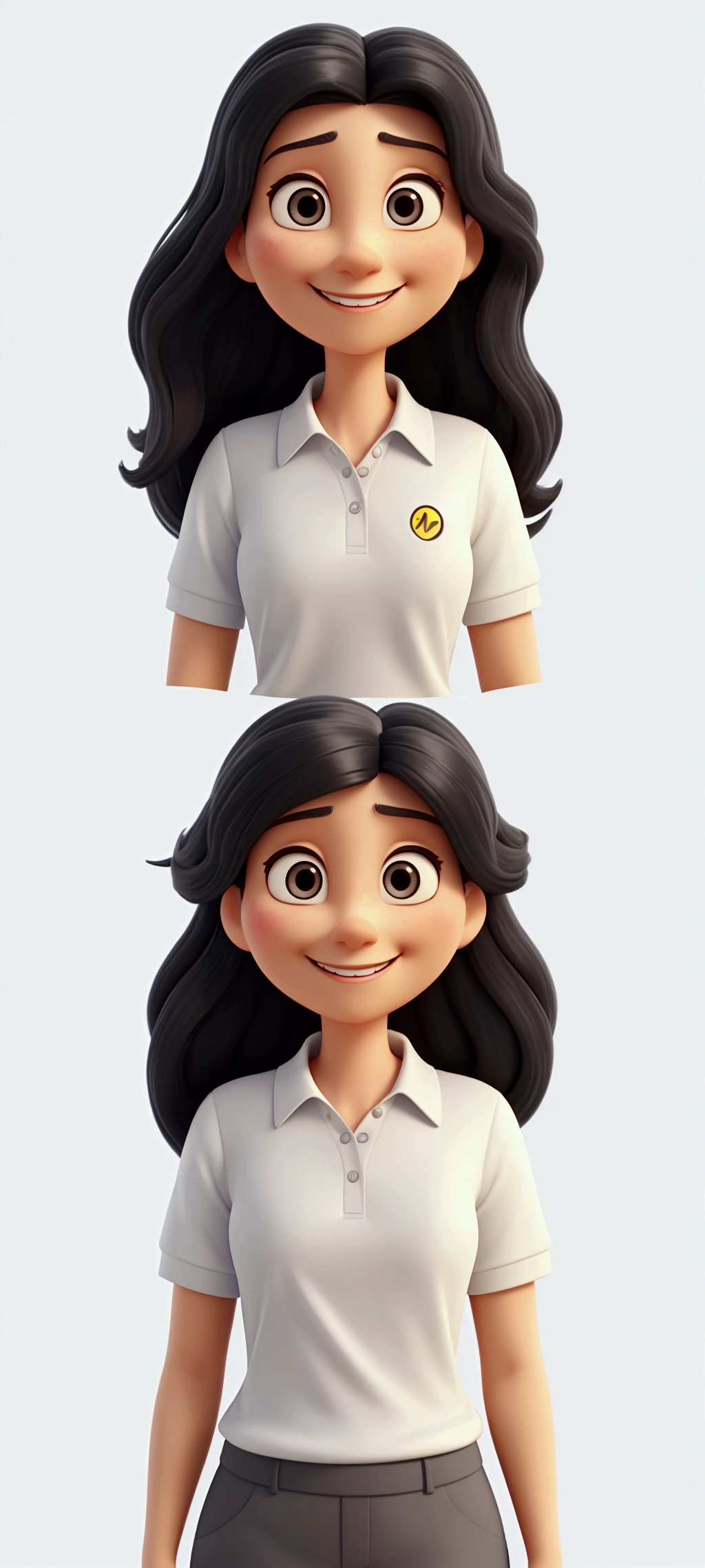 Transform this image tip, in a 3D image in Pixar format, 30 year old woman, skin fair, long black hair leave with smile , white polo shirt with yellow collar and gray background.