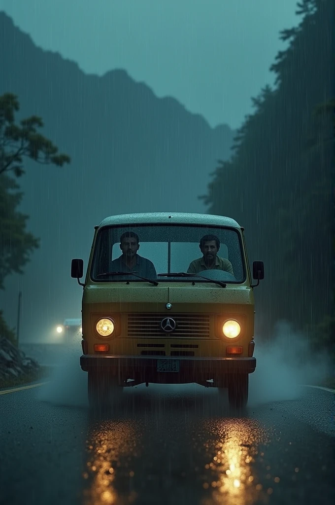 cinematic, photorealistic film poster of a man and his son, driving an old van in heavy rainfall late night, fear apparent in both their faces, misty air, Kalimpong Sikkim Highway