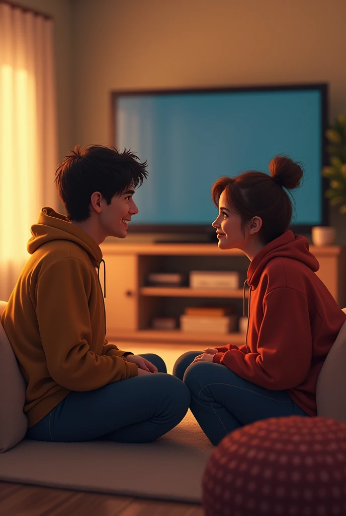 Create an image that represents the following situation. you are at home with a friend, a great friend, You are talking facing each other a little far away. The big TV is on but without sound and you are not watching, just talking to each other..