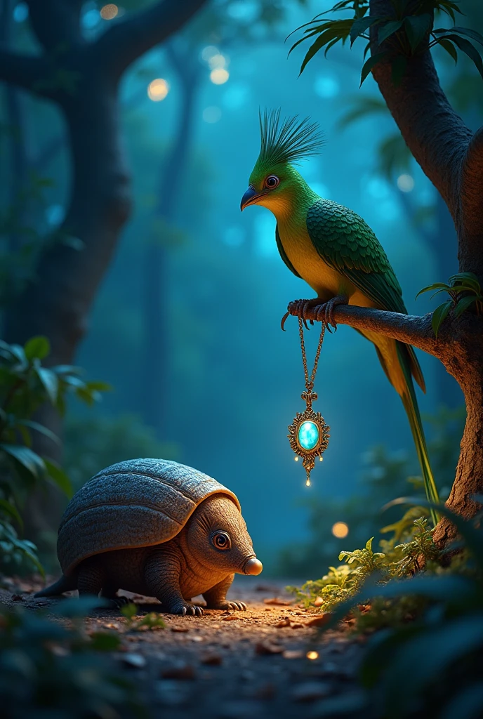Create a nocturnal scene in a rich setting where there is a small brown armadillo and a green quetzal which holds in its paws a necklace with a bright blue stone., while looking at the sky