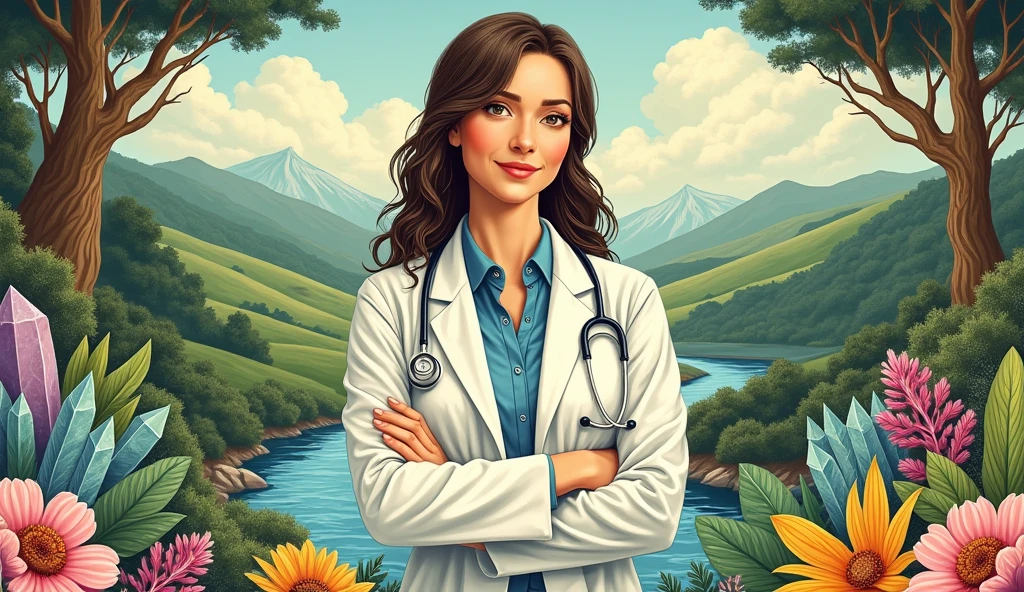 a girl doctor na may nakapalibot na sa kanya na yamang lupa,tubig at mineral POSTER DRAWING