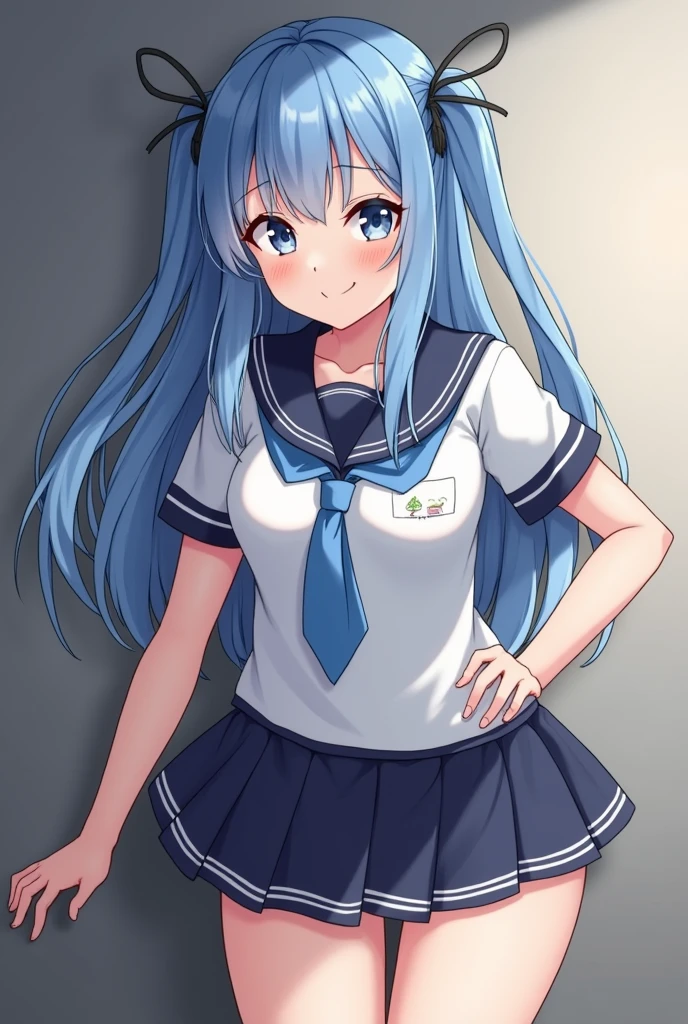 (Explicit content warning) [(masterpiece: 1.1, Best quality: 1.1), Shy schoolgirl in uniform showing off, Emphasis, panties, obvious, a little 0.8 Blue Hairs, wet,