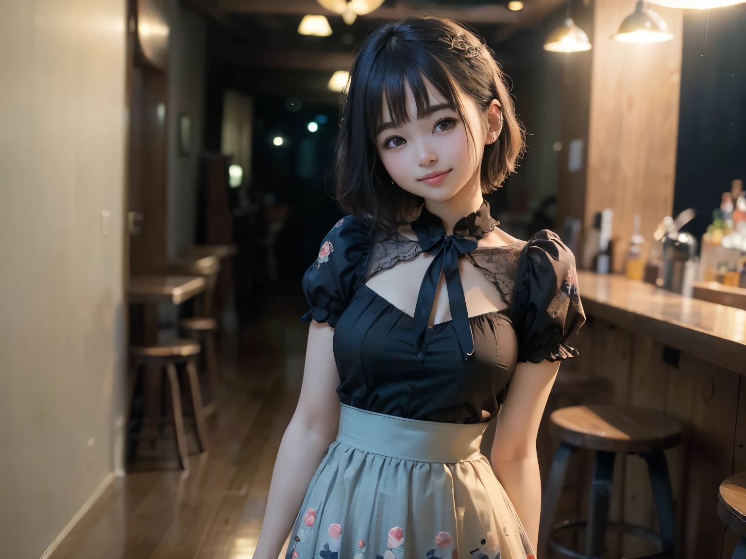 (Highest quality, masterpiece, Ultra-high resolution, 8k, RAW Photos, Realistic, Anatomically correct:1.5), 20-year-old girl:1.2, Embarrassing, avert your eyes, blush:1.0, View Viewer, ((bar)) 、Large windows、Night view、 Light:1.2, Bokeh, Cinema Lighting:1.0, Depth of written boundary, sharp、 Cute Face、Idol、(Black short sleeve lace top)、(Black tulle skirt)、(Navy blue clothes)、(Floral clothes)、”dwarf”、(Full Body Shot)、(Side angle)、Cowboy Shot、( smile)、((Ultra short hair、Berry Short))、(Straight bangs)、((See-through))、(( One woman))、look back、I can see your belly button、