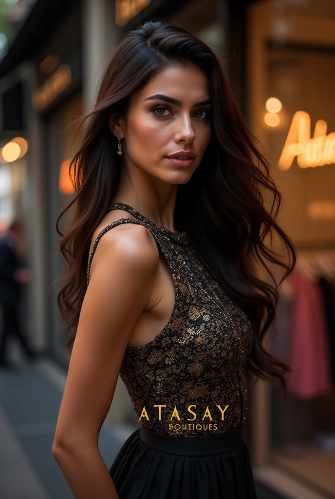 logo for a women's clothing store, against the background of the Turkish actress Hande Erçel with long hair and a chic figure in a chic dress, a beautiful gold font, the name of the store Atasay boutiques