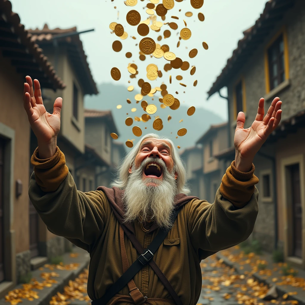 the face of an old, poor man, a ragged beggar with a white beard and old, medieval clothes, hugging a big bag of money and gold coins, with a shocked expression of terror and fear with his mouth and eyes open screaming in fear, Close up of her frightened and terrified face, He looks like a coward and it&#39;s funny to see him