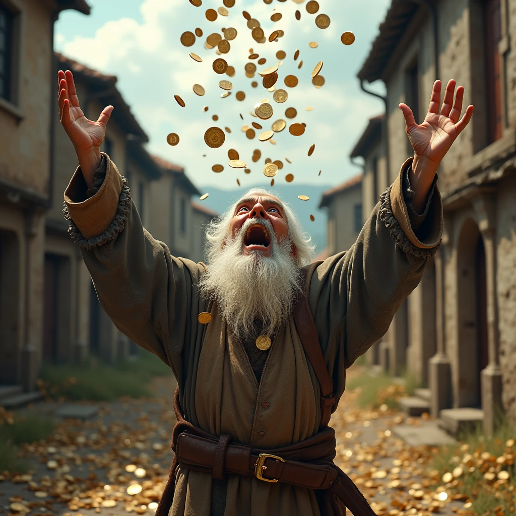 the face of an old, poor man, a ragged beggar with a white beard and old, medieval clothes, with an astonished expression with his mouth open, screaming with joy, with hands outstretched towards the sky throwing gold coins into the air, Gold coins fall, The old man with his hands full of gold coins throws them up. poor medieval houses in the background
