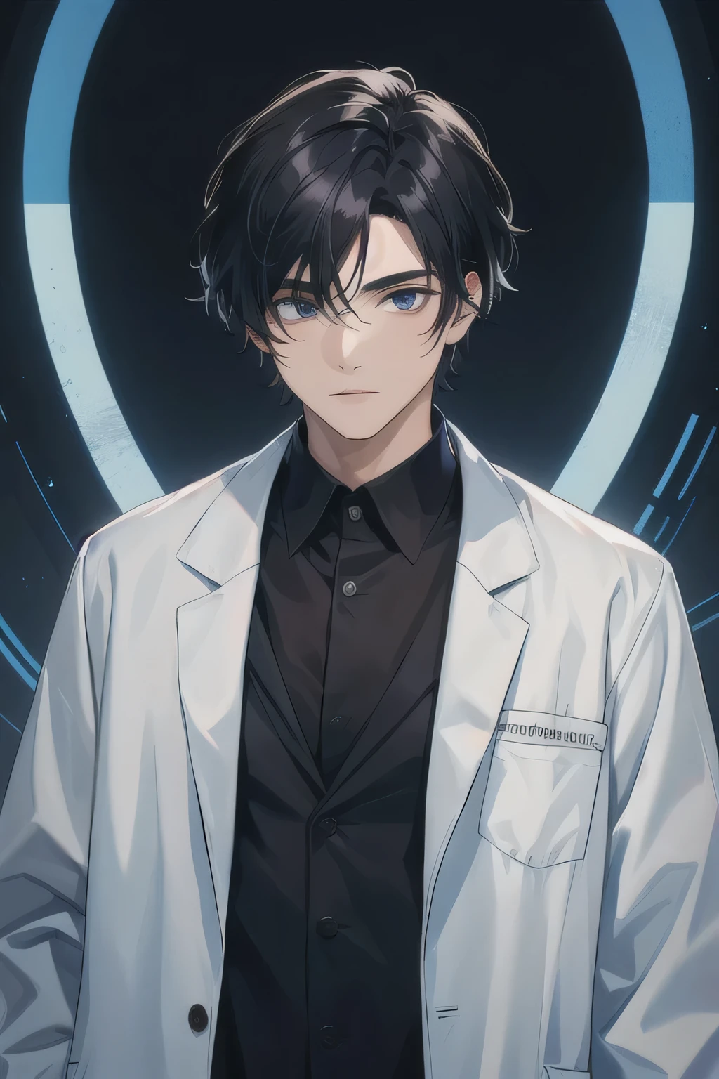 black hair, black eye , man , doctor gown