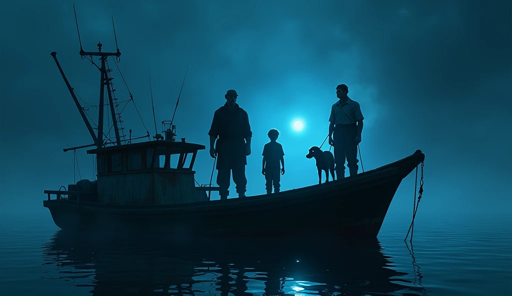 Theme: Very creepy and mysterious.
Scene: Captain Tony is on the deck of his boat with his two apprentices, his son, and the dog.
Setting: Nocturnal, with a bluish light creating a spooky atmosphere. The sea is calm, but the darkness adds an eerie feeling.
Goal: To attract the viewers' attention and communicate a sense of unease, as if something sinister is about to happen.