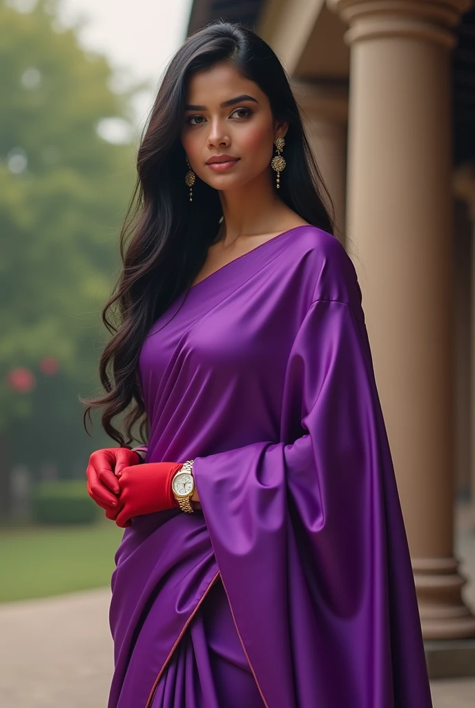 Satin Saree, 1girl, solo, long hair, black hair, must be wearing red gloves inside the blouse, wearing full sleeve blouse on top of gloves, white rolex watch on left hand, traditional, dab jewelry, earrings, outdoors, looking straight, purple dress, realistic, saree must be draped
