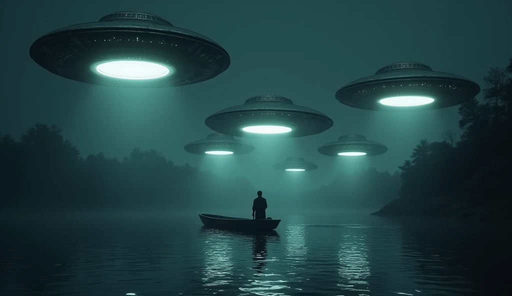 Theme: Very creepy and mysterious.
Scene: Six doughnut-shaped, reflective objects hover 500 meters above Tony's boat.
Setting: The sky is dark, with the UFOs illuminated by an unnatural, cold light, casting eerie reflections on the water.
Goal: To evoke fear and curiosity, highlighting the sudden and unexplained appearance of the strange objects.