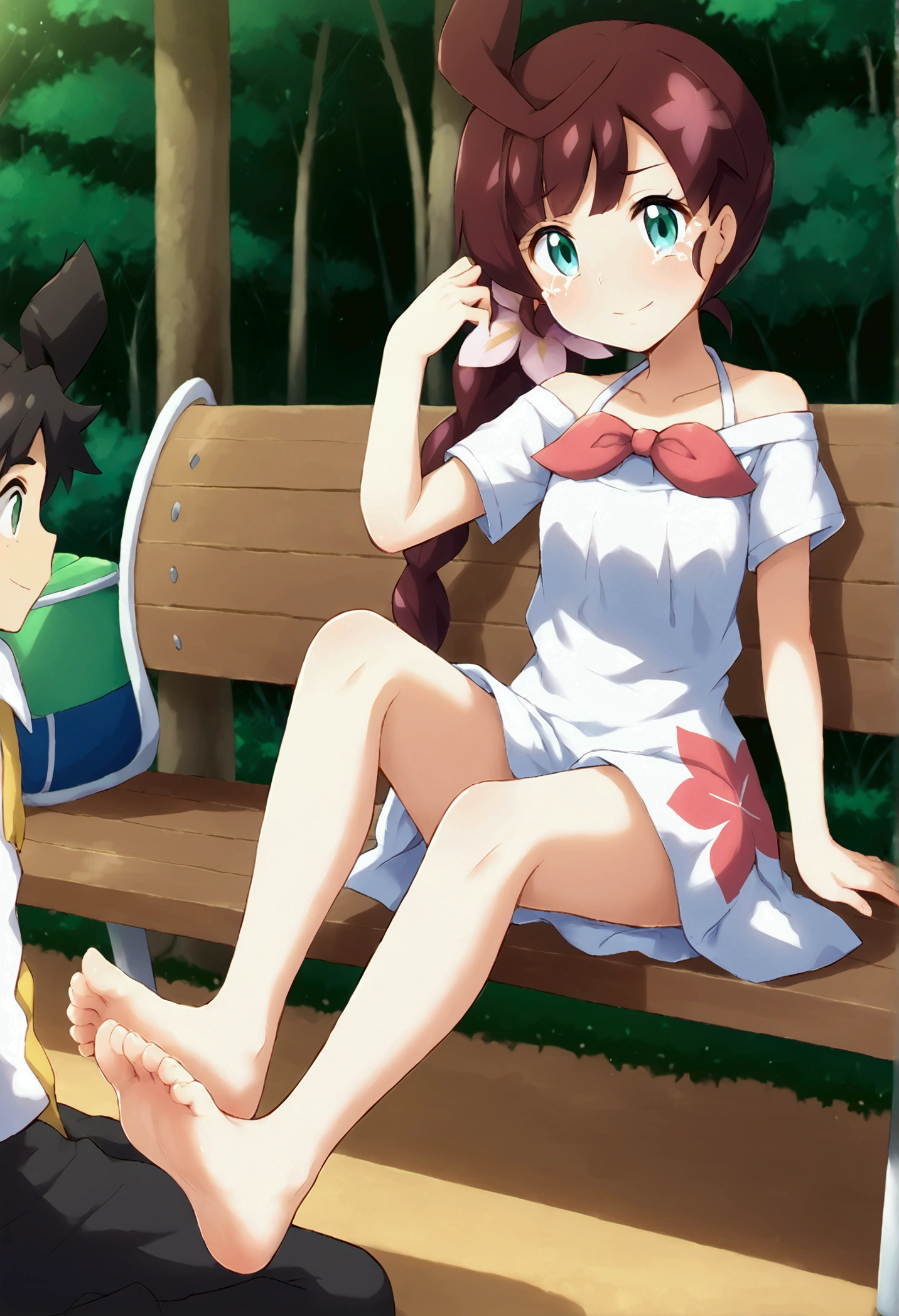 A girl with hair sitting on a wooden bench on a beach and a boy hair crying from the ground on the other side..A photo with the name HIRU on the girl&#39;s dress and ADHI on the boy&#39;s armband.barefoot,foot focus