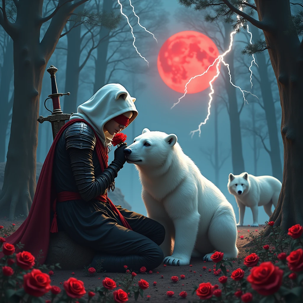 Male knight with a white hood with bear ears with sword behind his back sits towards a polar bear in a forest while the moon shines, many Roses cover the ground and lightning falls from the sky. The polar bear has black eyes and a calm appearance. Only the man wears a red blindfold. In the background of the picture is the blood moon. The forest is full of trees with leaves. The armor of the man is black and red roses decorate it. The knight smells on a rose. In the far there is a white wolf looking at the bear and knight.