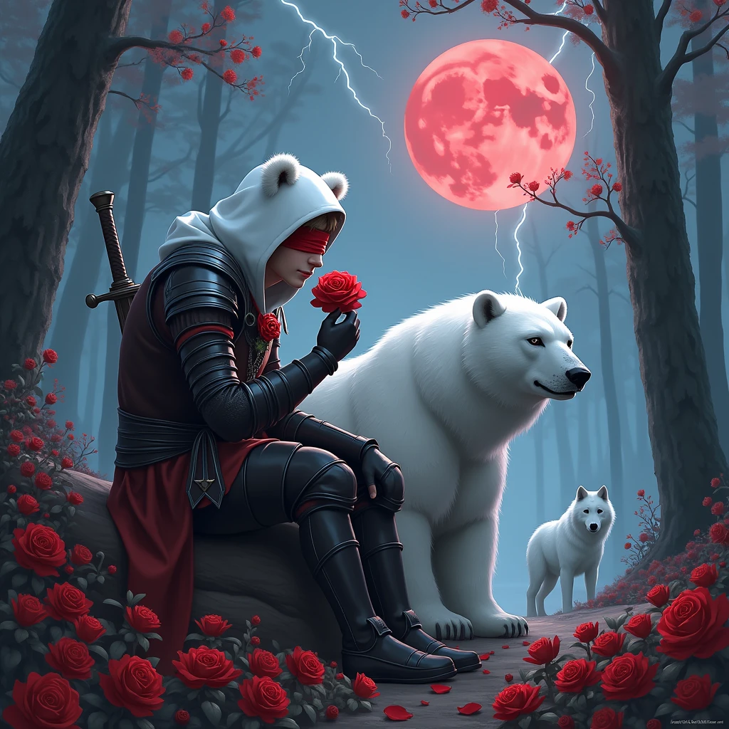 Male knight with a white hood with bear ears with sword behind his back sits towards a polar bear in a forest while the moon shines, many Roses cover the ground and lightning falls from the sky. The polar bear has black eyes and a calm appearance. Only the man wears a red blindfold. In the background of the picture is the blood moon. The forest is full of trees with leaves. The armor of the man is black and red roses decorate it. The knight smells on a rose. In the far there is a white wolf looking at the bear and knight.