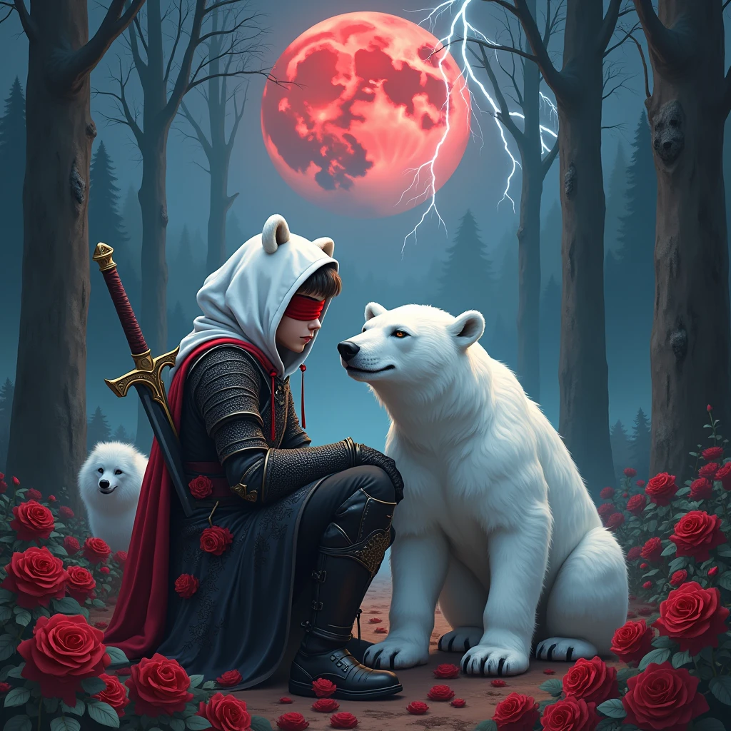 Male knight with a white hood with bear ears with sword behind his back sits towards a polar bear in a forest while the moon shines, many Roses cover the ground and lightning falls from the sky. The polar bear has black eyes and a calm appearance. Only the man wears a red blindfold. In the background of the picture is the blood moon. The forest is full of trees with leaves. The armor of the man is black and red roses decorate it. The knight smells on a rose. In the far there is a white wolf looking at the bear and knight.
