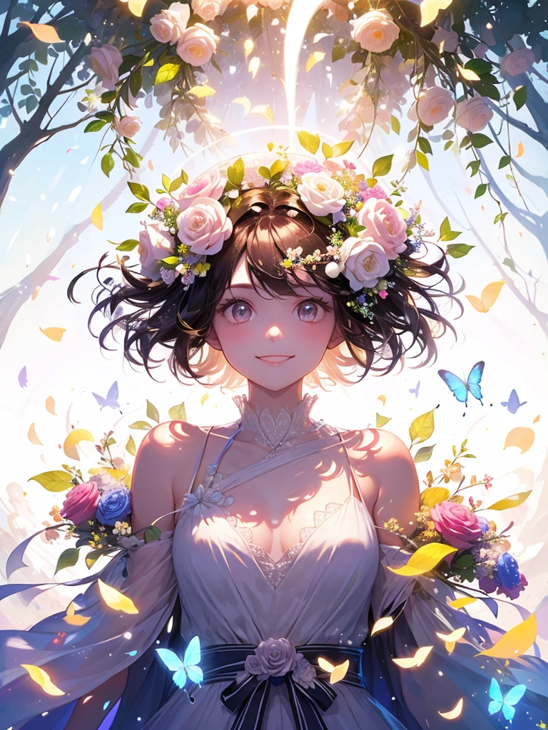 (masterpiece、Highest quality、Highest quality、Beautiful and beautiful:1.2)、(Excellent anatomy:1.5)、Milky white straight hair girl、Butterfly Fairy、Floral Costume、A radiant smile、Sparkling eyes、Looking into the camera、Flowers and leaves on the head、Holding a bouquet、Rose Garden