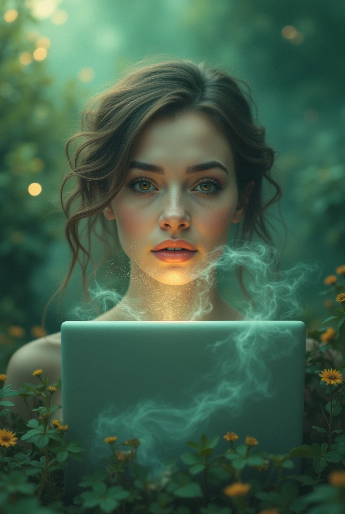 A woman's face with brown eyes and light hair and instead of lips, an open laptop in a magical green space, from the light of the laptop come words: Dumka Nova AI, the words look like smoke.
