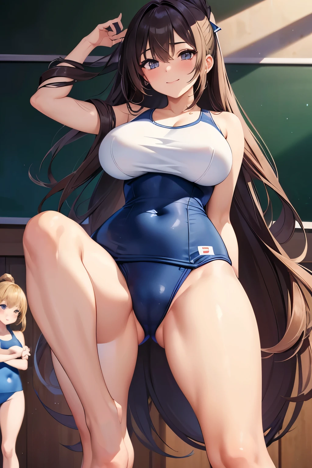 High resolution, Large Breasts, Character portrait, Open your legs shoulder-width apart, Illustration, masterpiece, Highest quality, Long Hair, ponytail, ((masterpiece,Highest quality,Super detailed,High resolution)),((Two Girls)),A light smile,(School Swimsuit),(Huge hips,Firm breasts),Blushing,
